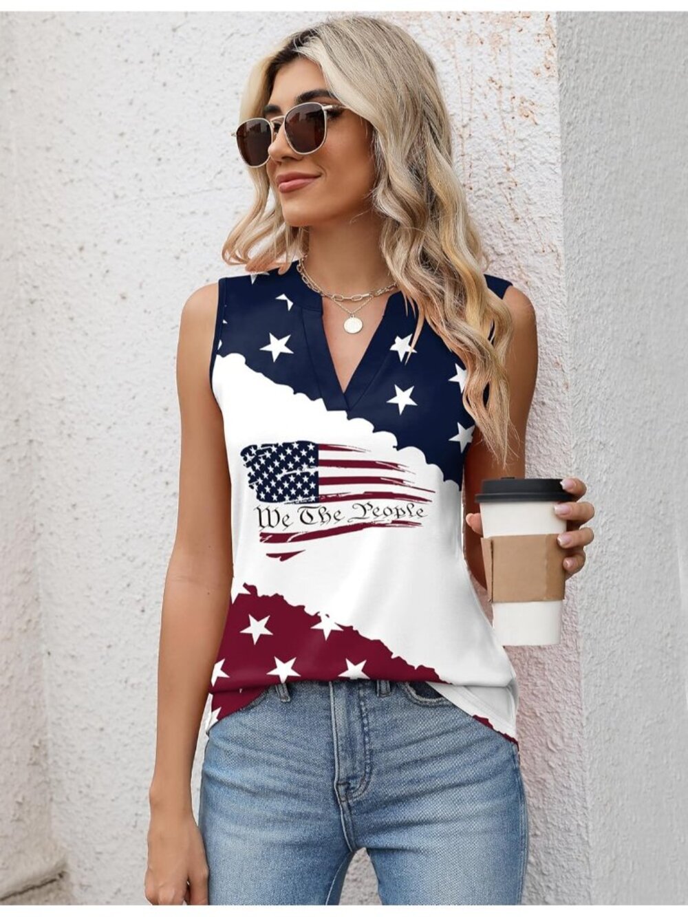 〽️Women's American Flag Sleeveless V Neck Shirt Blouses Tunic Imported Tank Tops